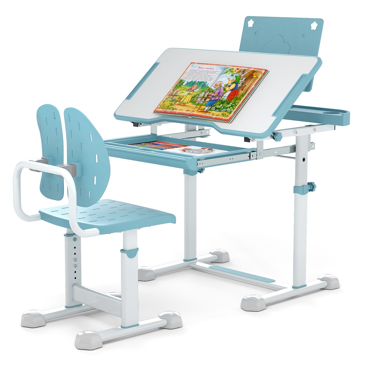 Children's Height Adjustable Desk and Chair Set with Ergonomic Backrest and Storage Drawer